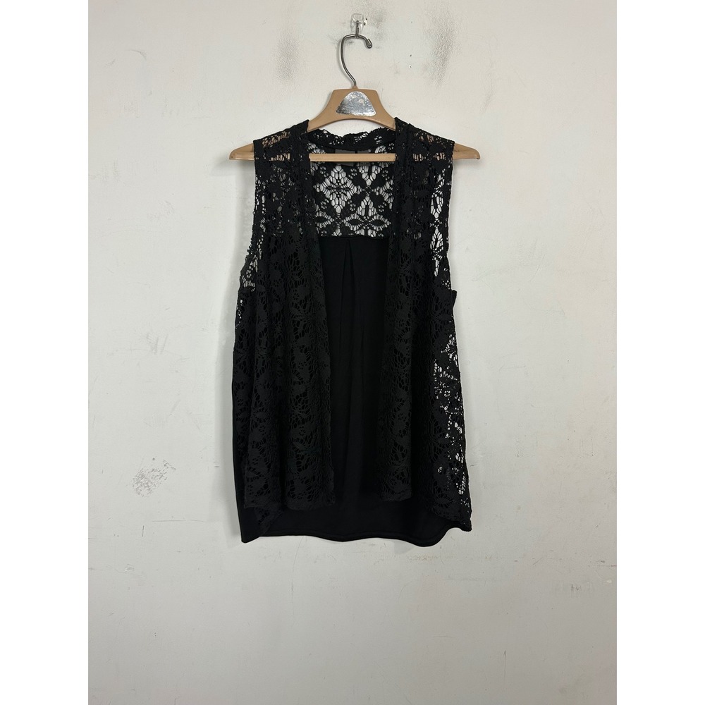 Chicos Travelers Black Lace Open Front Vest Sleeveless Layering Top Size 1 M